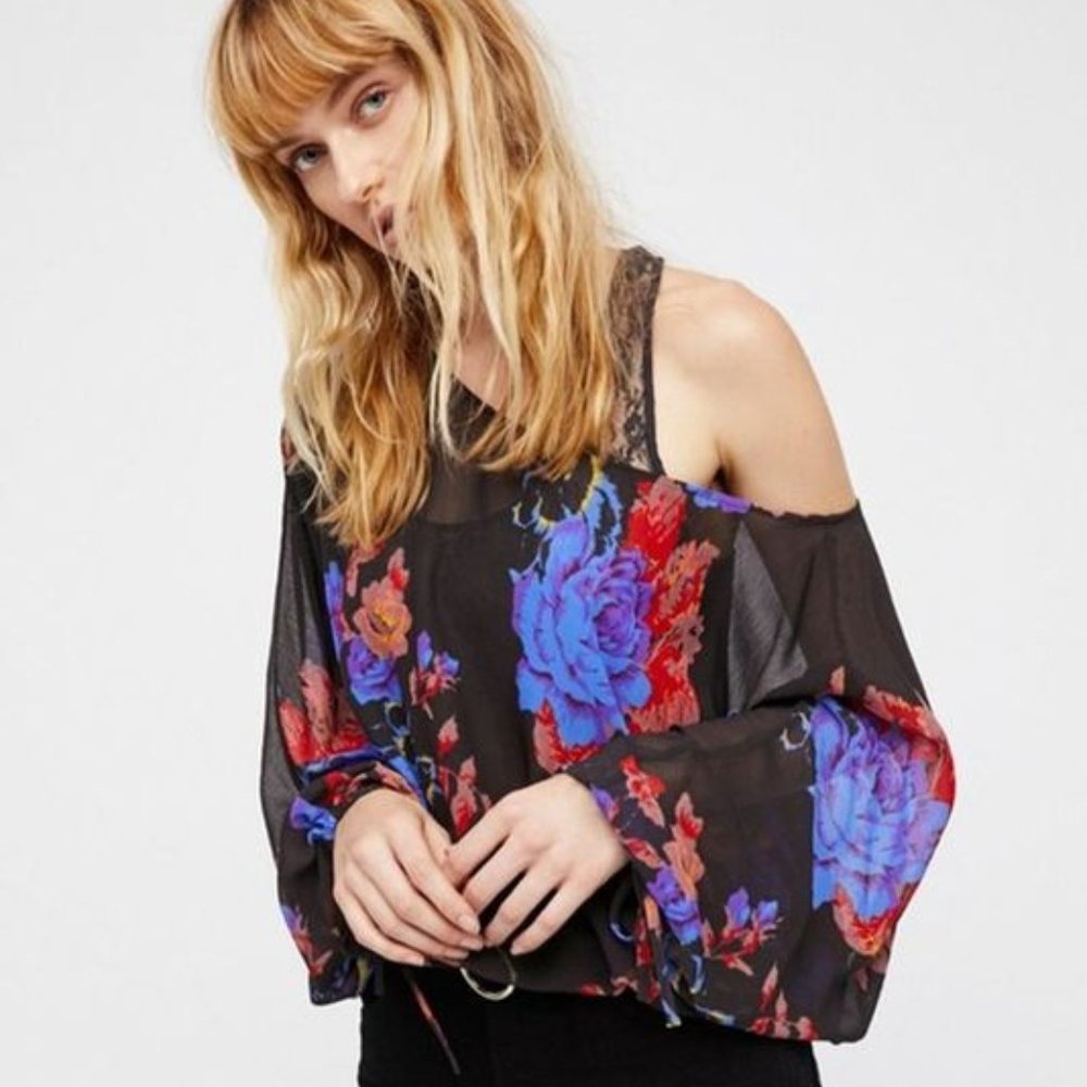 Free People over under black floral lace blouse body suit XS